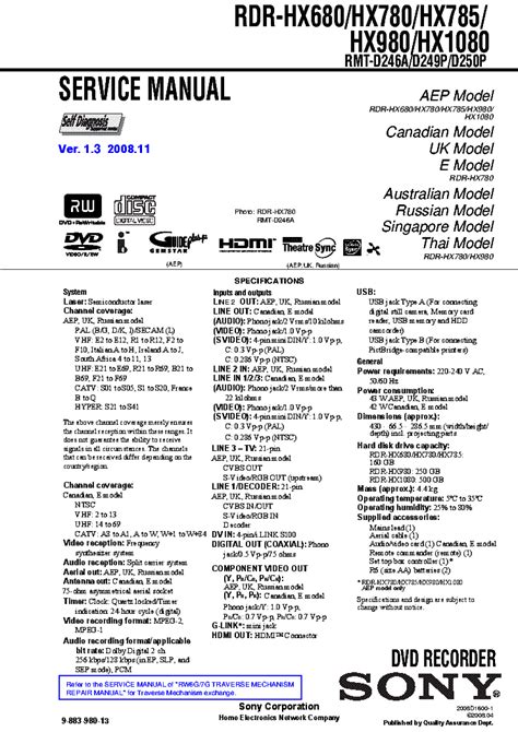 Sony Rdr Hx680 Hx780 Hx785 Hx980 Hx1080 Service Manual Repair Guide