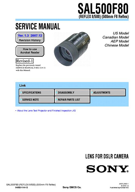 Sony Sal 500f80 500mm F8 Reflex Service Manual Repair Guide