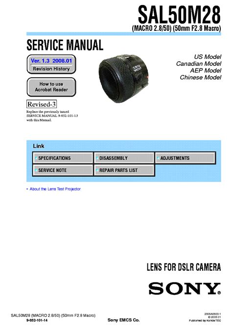 Sony Sal50m28 50mm F2 8 Macro Service Manual Repair Guide