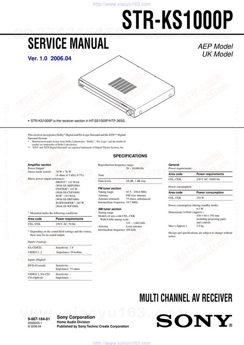 Sony Str Ks1000p Multi Channel Av Receiver Service Manual