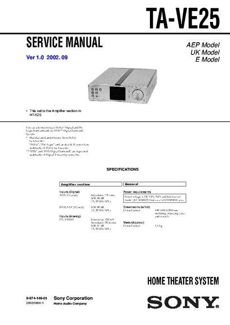 Sony Ta Ve25 Home Theater System Service Manual