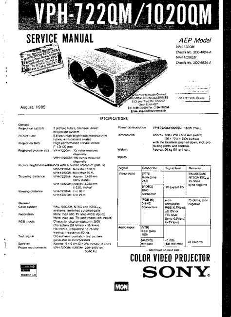 Sony Vph 722qm Vph 1020qm Color Video Projector Repair Manual