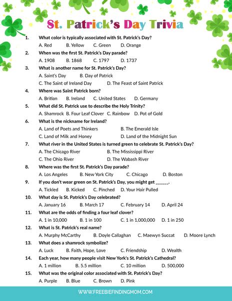 St Patrick's Day Trivia Multiple Choice Printable
