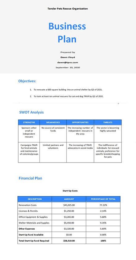 Startup Business Plan Template Word