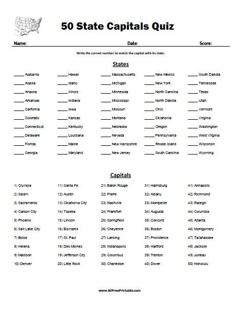 State Capitals Test Printable