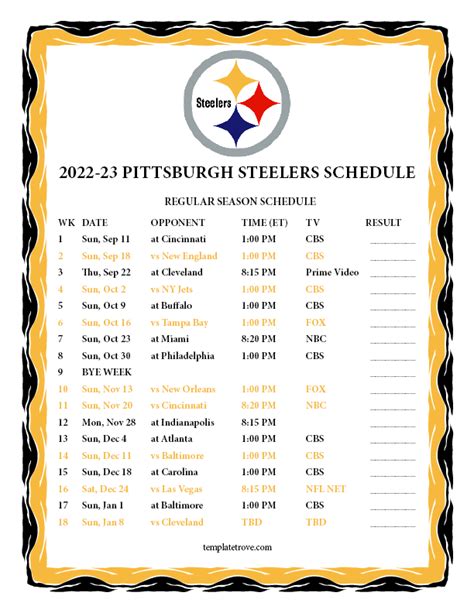 Steelers Printable Schedule