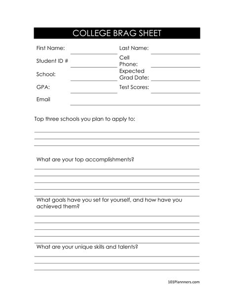 Student Brag Sheet Template