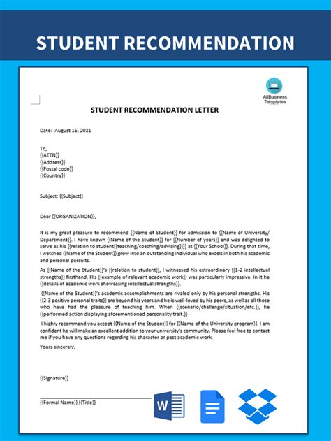 Student Recommendation Letter Template