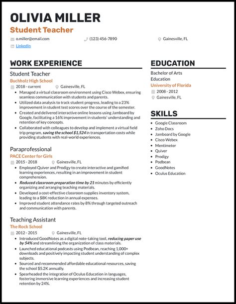 Student Teacher Resume Template