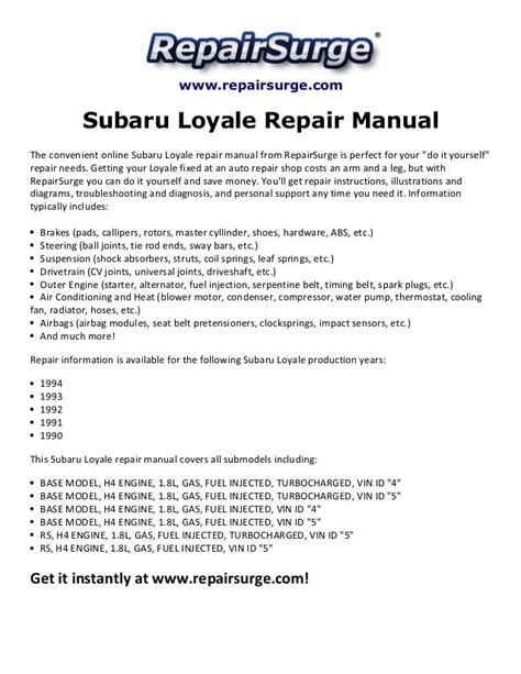 Subaru Loyale Service Repair Manual Pdf 88 94