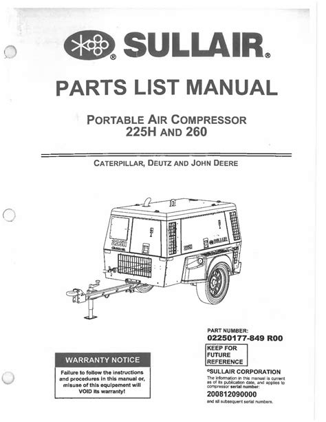 Sullair 225h And 260 Parts And Service Manuals