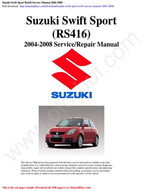 Suzuki Swift Sport Rs416 2004 2008 Full Workshop Manual