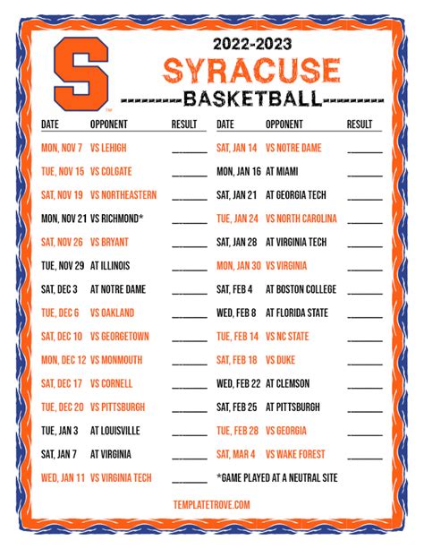 Syracuse Men's Basketball Printable Schedule
