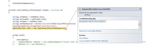 System.argumentexception: 'keyword Not Supported: 'initial Catalog'.'