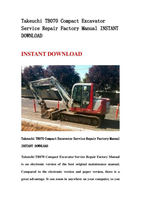 Takeuchi Tb070 Compact Excavator Service Repair Factory Manual Instant Download