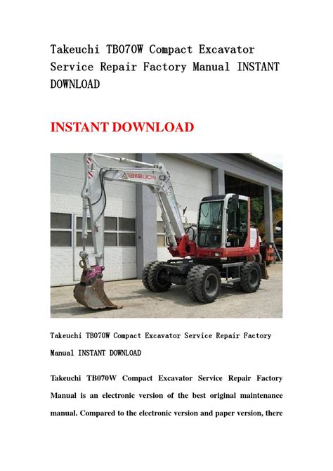 Takeuchi Tb070w Compact Excavator Service Repair Factory Manual Instant Download