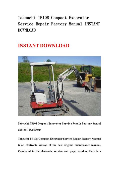 Takeuchi Tb108 Compact Excavator Service Repair Factory Manual Download