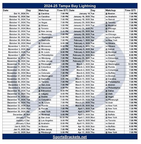 Tampa Bay Lightning Schedule Printable