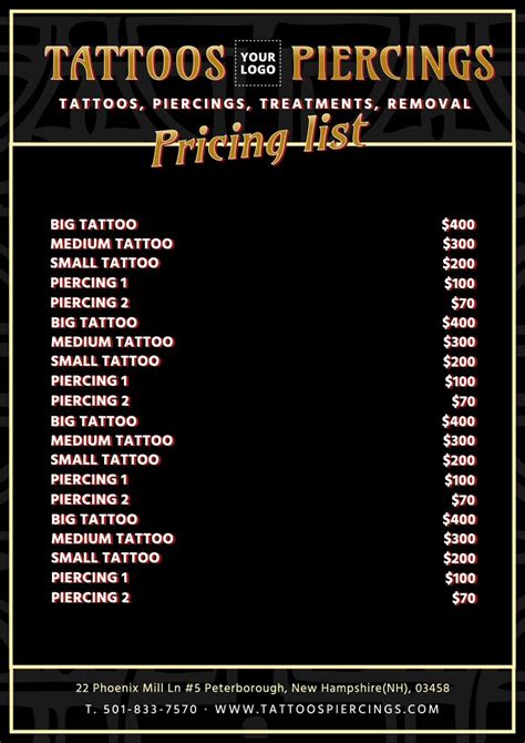 Tattoo Pricing Chart
