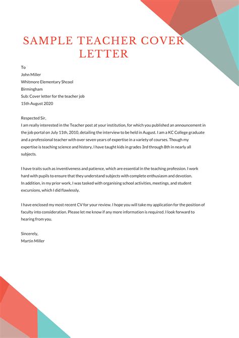 Teacher Cover Letter Templates