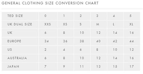 Ted Baker Dress Size Chart
