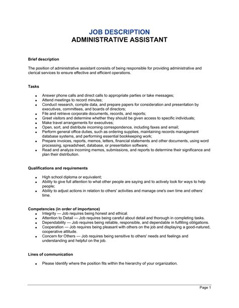 Template For Administrative Assistant Job Description