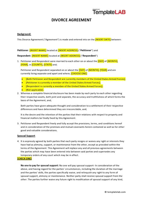Template For Divorce Agreement