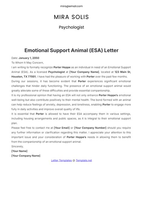 Template For Emotional Support Animal Letter