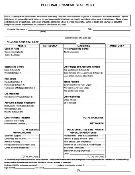 Template For Personal Financial Statement