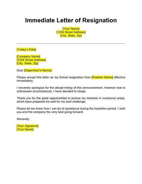 Template For Resignation Letter With Immediate Effect