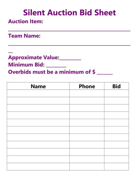 Template For Silent Auction Bid Sheet