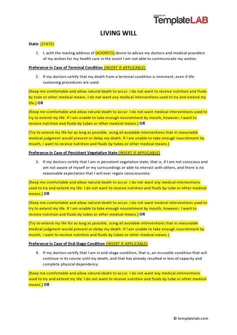 Template Of Living Will