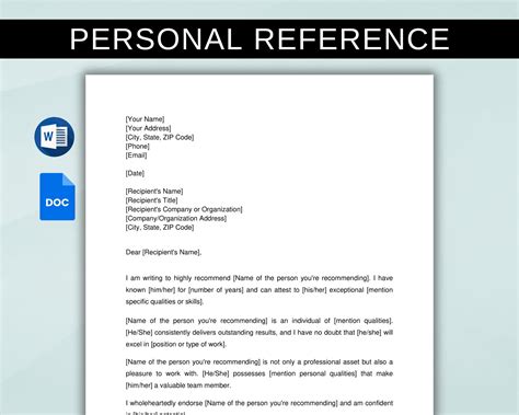 Template Of Personal Reference Letter