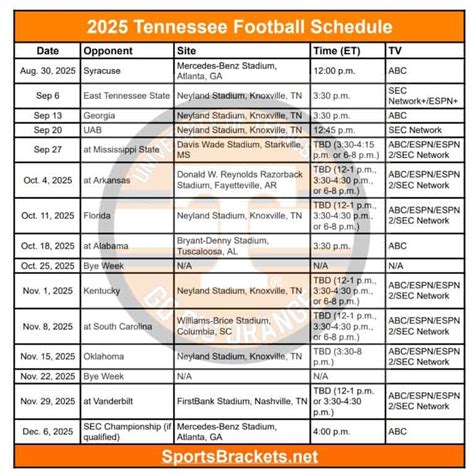 Tennessee Vols Football Schedule Printable