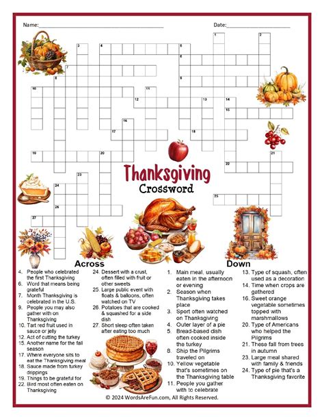 Thanksgiving Crossword Puzzle Free Printable