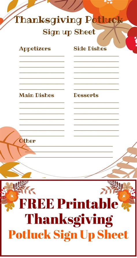 Thanksgiving Potluck Sign Up Sheet Template Free