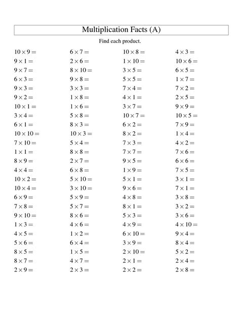 Times Table Test Printable