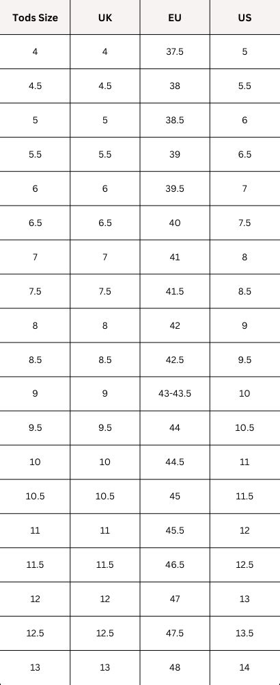Tods Shoes Size Chart