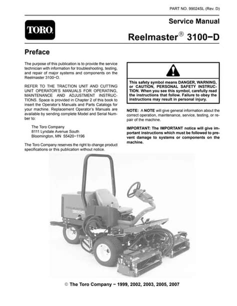 Toro Reelmaster 3100 D Service Repair Manual