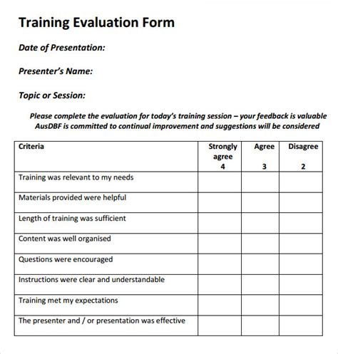 Training Evaluation Sheet Template