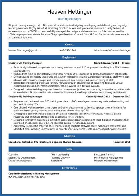 Training Manager Resume Template