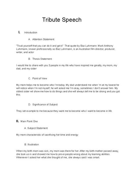 Tribute Speech Template