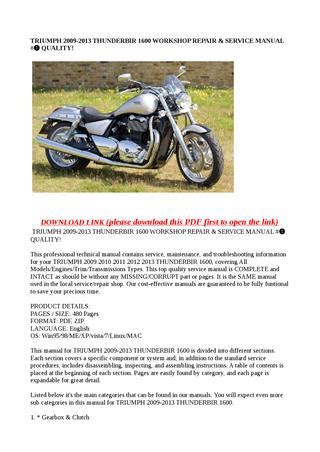 Triumph 2009 2013 Thunderbir 1600 Workshop Repair Service Manual 10102 Quality