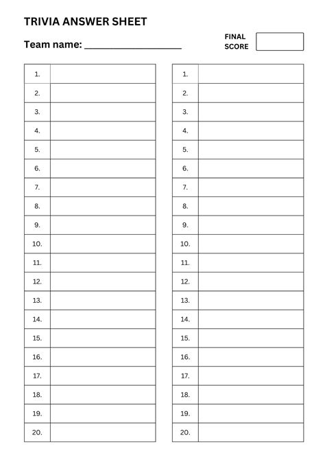 Trivia Answer Sheet Template