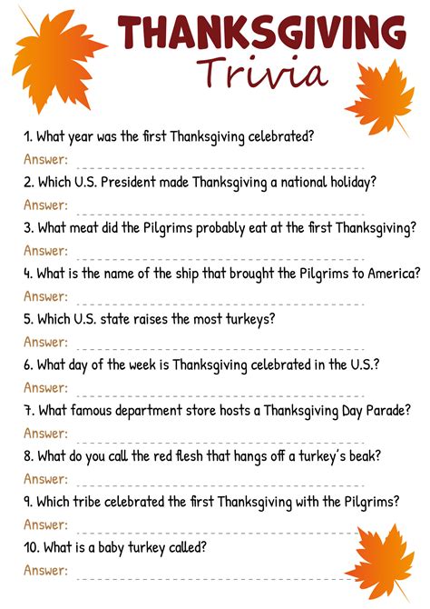 Trivia For Thanksgiving Printable