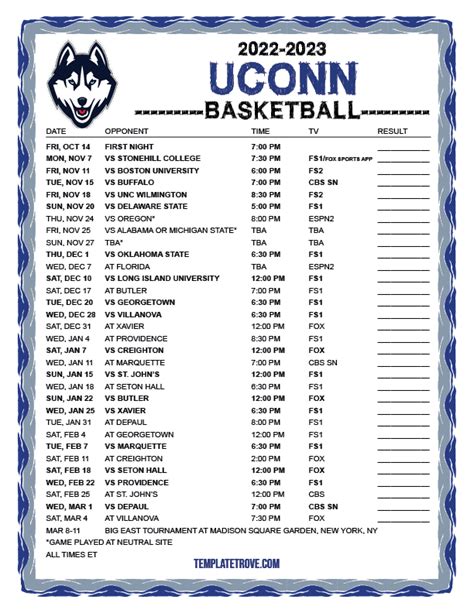 Uconn Men's Basketball Printable Schedule