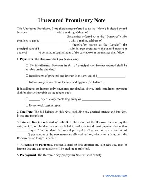 Unsecured Promissory Note Template