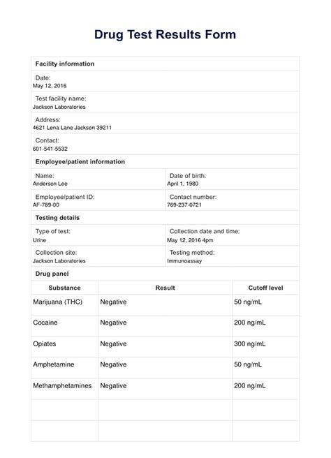 Urine Drug Test Result Form Template