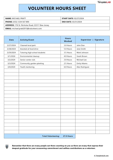 Volunteer Hours Sheet Template