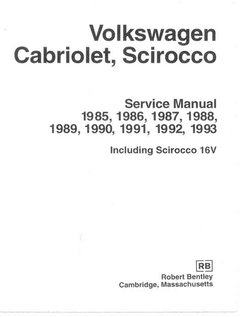 Vw Volkswagen Cabriolet 1985 1993 Repair Service Manual Pdf